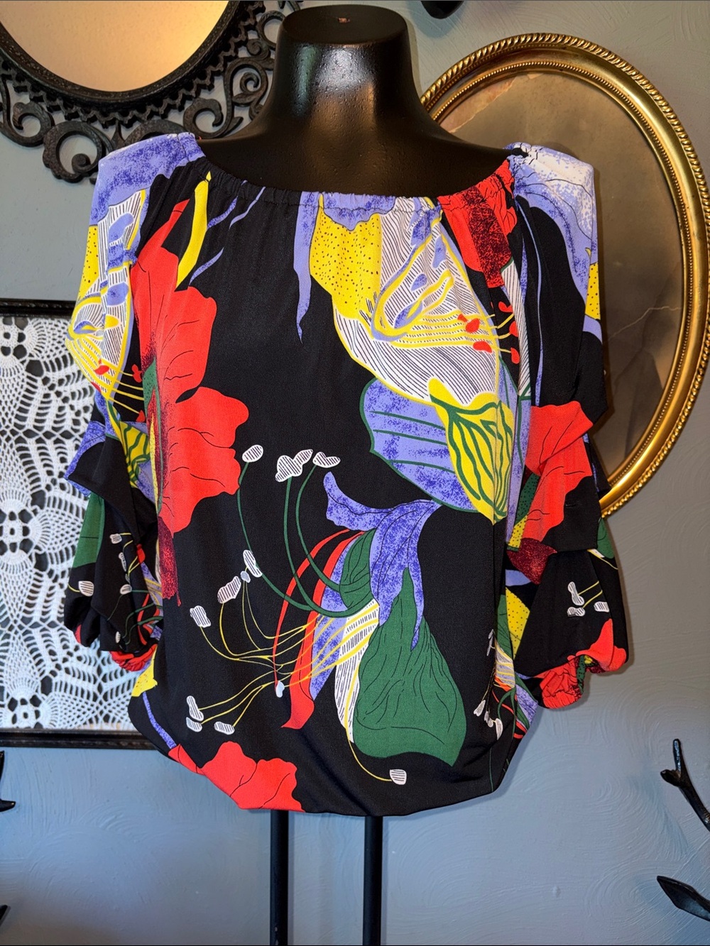 Frank Lyman Design Black Multi Floral Off-Shoulder Ruffle Sleeve Top